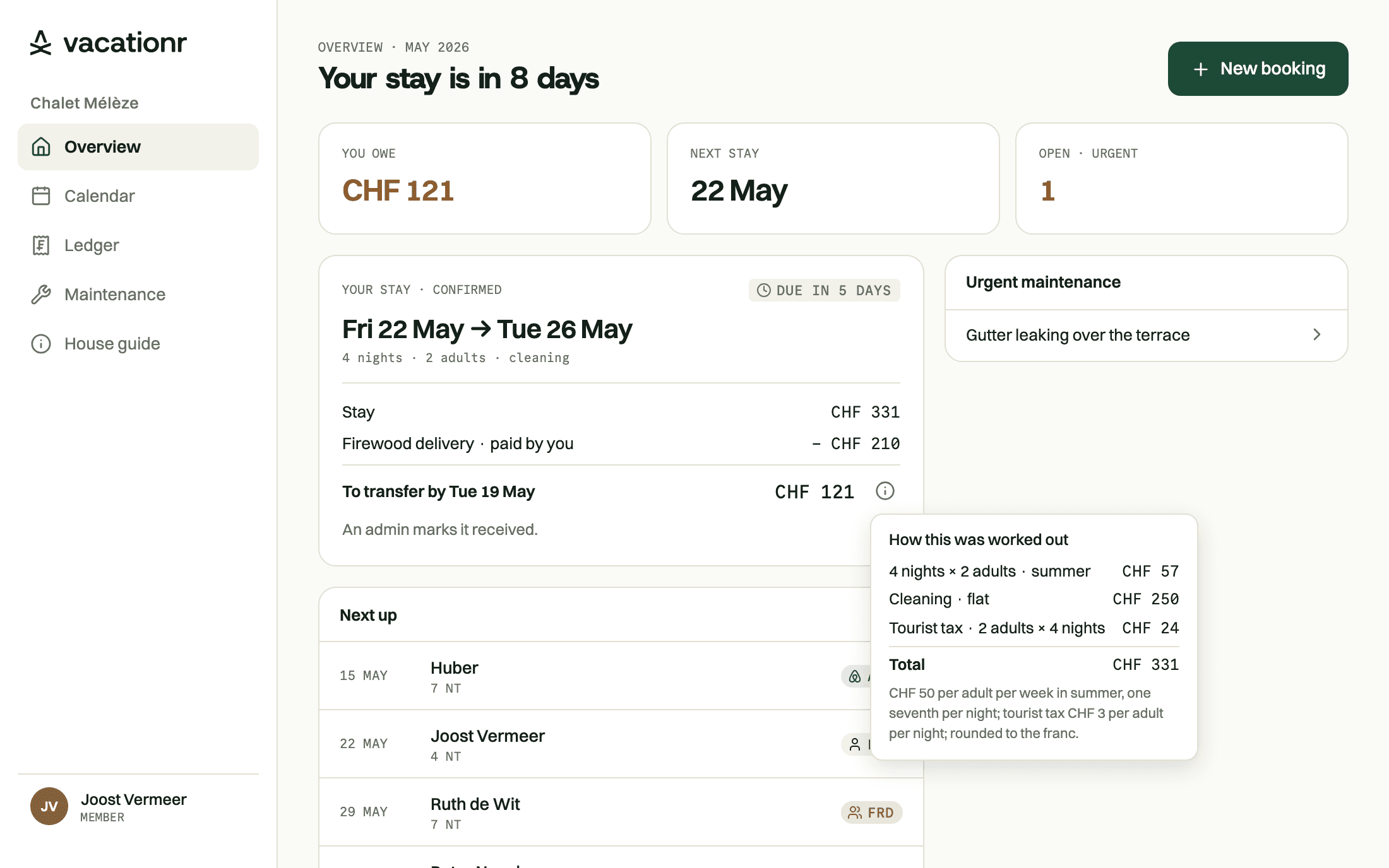 A member's Overview: the stay at CHF 331, less CHF 210 for firewood they paid for, leaves CHF 121 to transfer by 19 May. The ⓘ beside it is open on the quote: four nights for two adults in summer CHF 57, cleaning CHF 250, tourist tax CHF 24, total CHF 331.