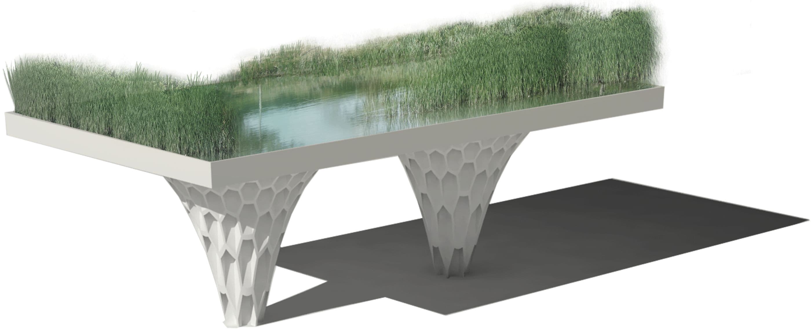 Flinders St Water Reclamation Facility — axonometric of a pier carrying a reed-bed wetland