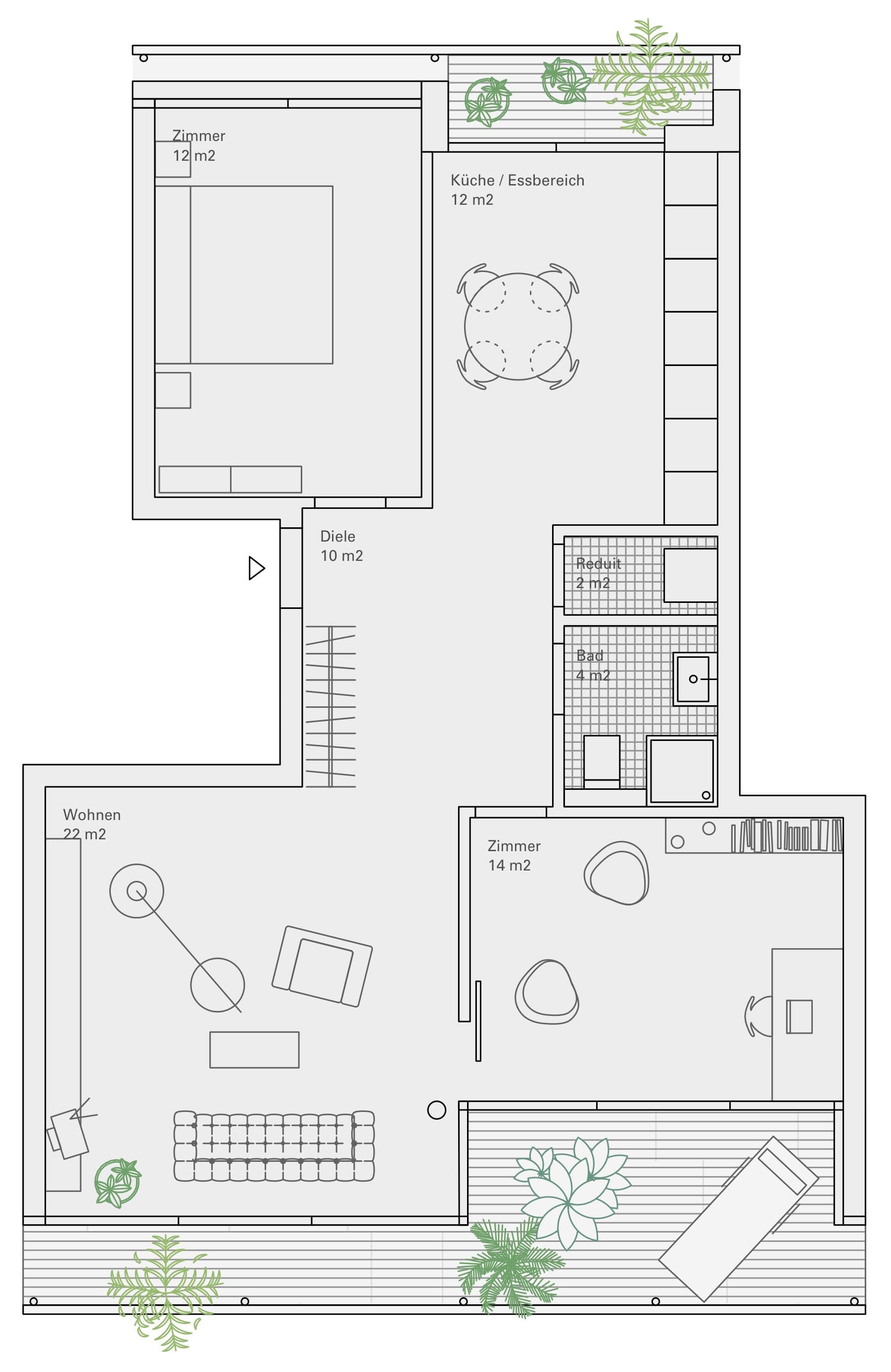 Ersatzneubau Wohnen Tannenrauchstrasse, Zürich — unit plan, 3.5-room through apartment