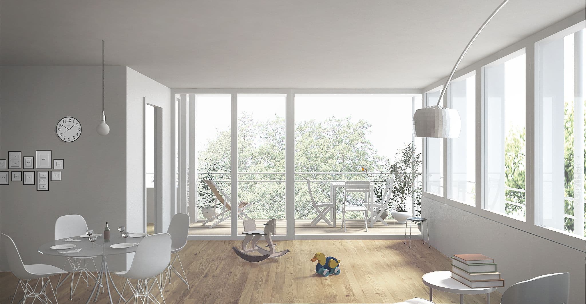 Ersatzneubau Wohnen Tannenrauchstrasse, Zürich — interior render, living and dining