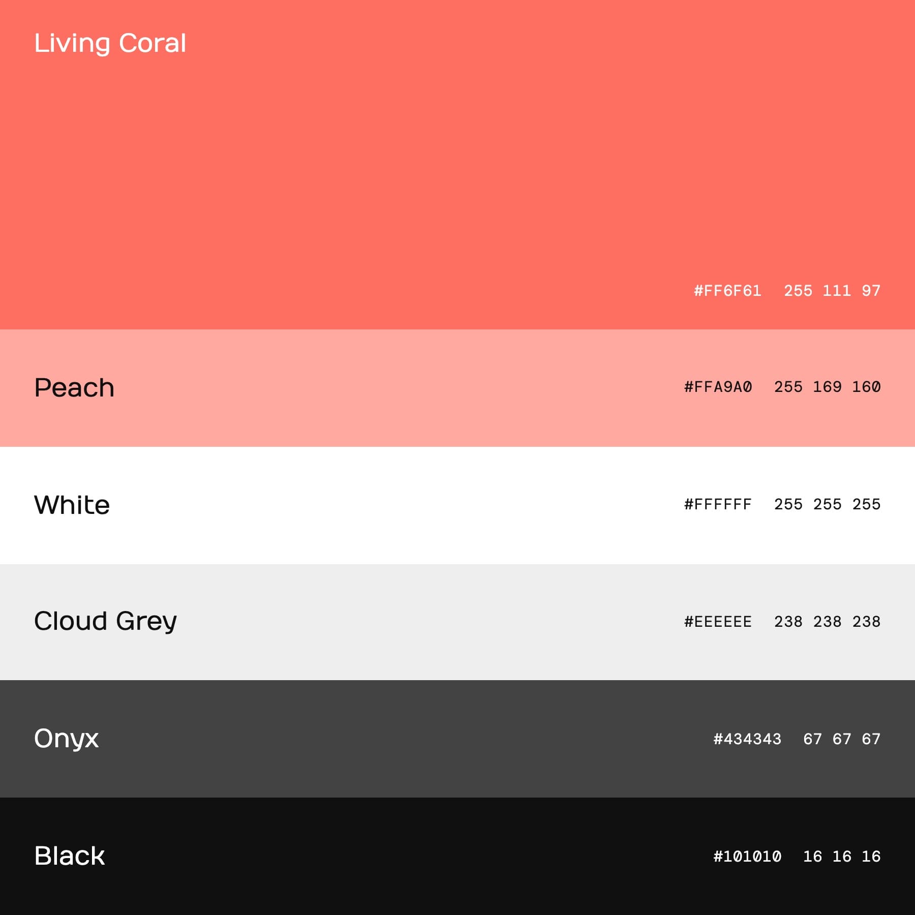 Colour plate: six horizontal bands, Living Coral FF6F61 the tallest, then Peach, White, Cloud Grey, Onyx and Black, each named on the left with its HEX and RGB values on the right.
