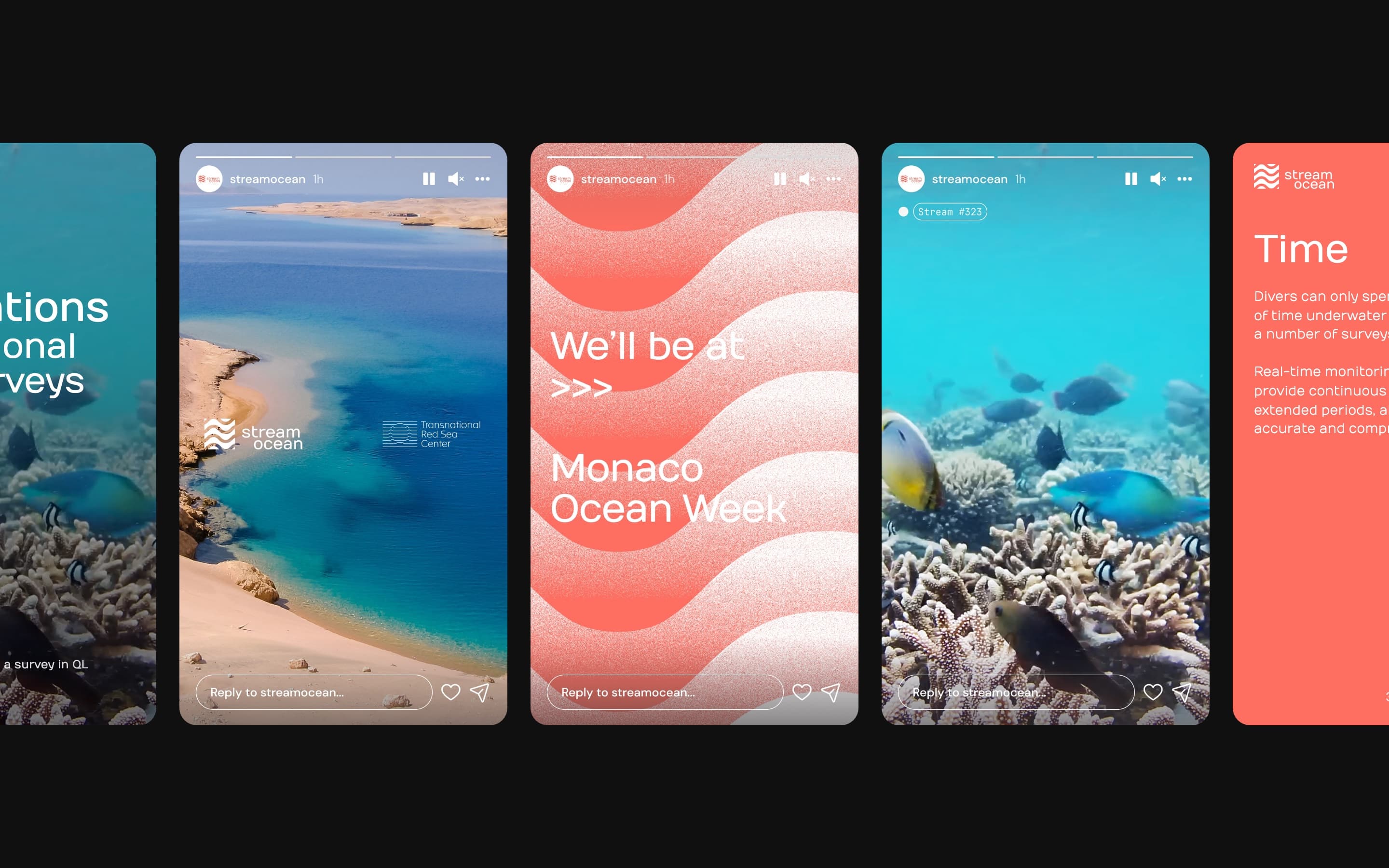 Five Instagram stories on black, the outer two cut by the edge: a post on diver surveys over reef footage, a Red Sea bay with the Transnational Red Sea Center, Monaco Ocean Week on the coral wave, a numbered camera stream, and a coral card titled Time.
