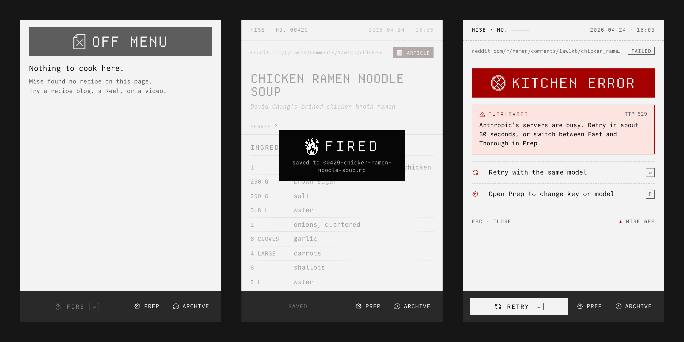 Three popups side by side: a grey OFF MENU stamp, a black FIRED stamp over a dimmed card, and a red KITCHEN ERROR stamp with a retry